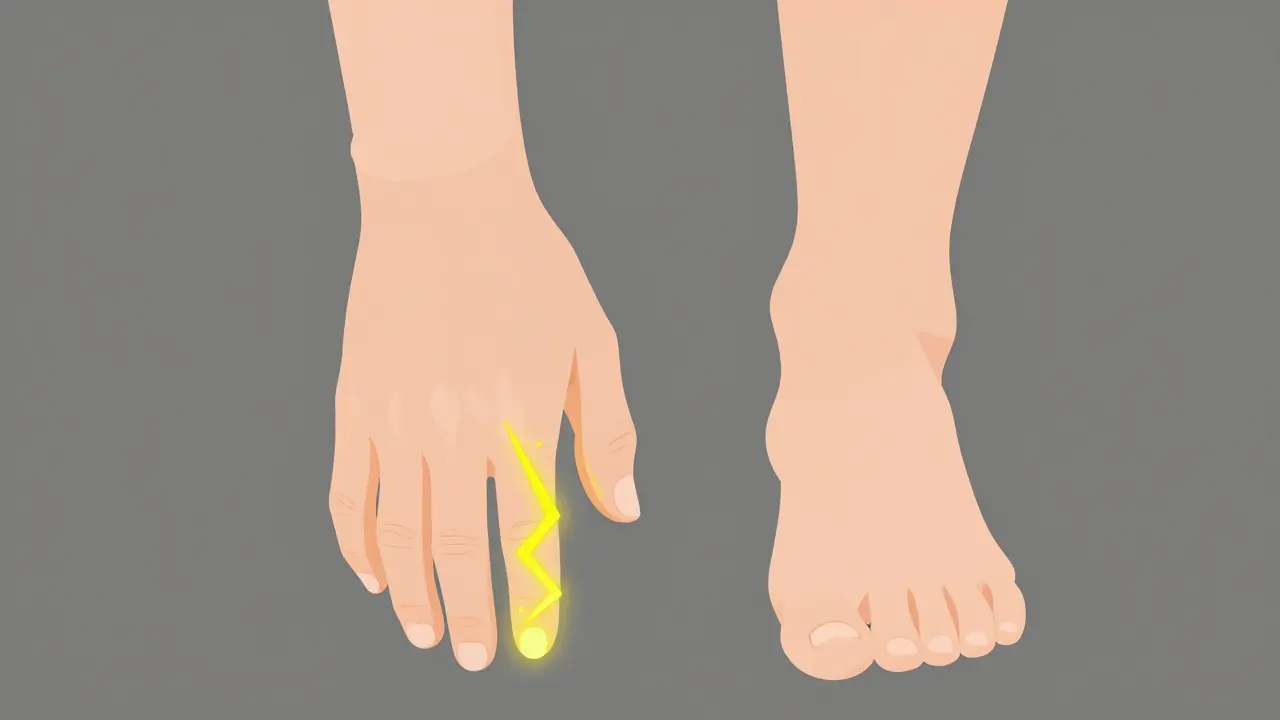 Hand and foot with yellow electric sparks illustrating tingling sensations