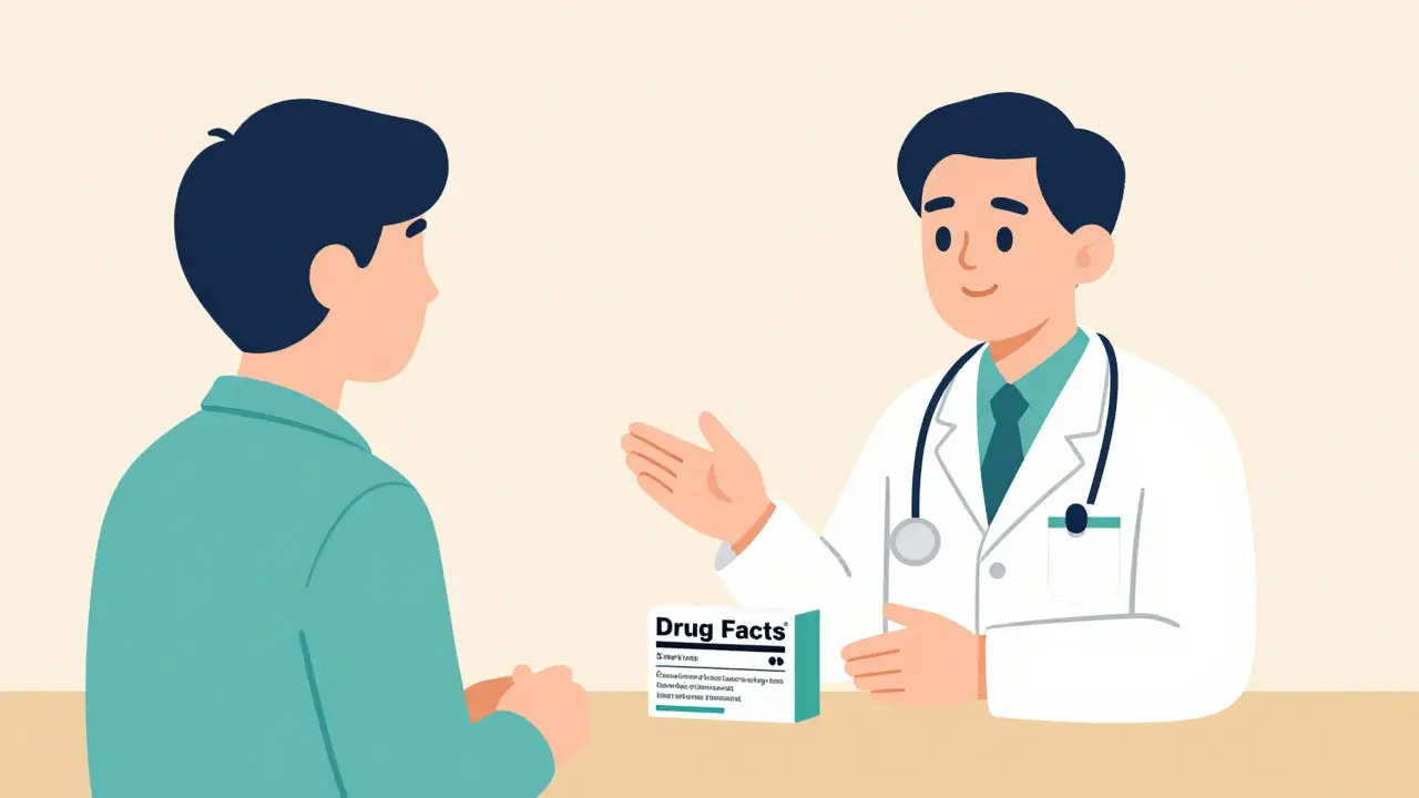 Illustration of a customer talking to a pharmacist about a medicine label