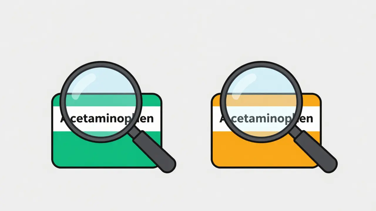 Illustration of a magnifying glass highlighting the same active ingredient in two different medicine boxes