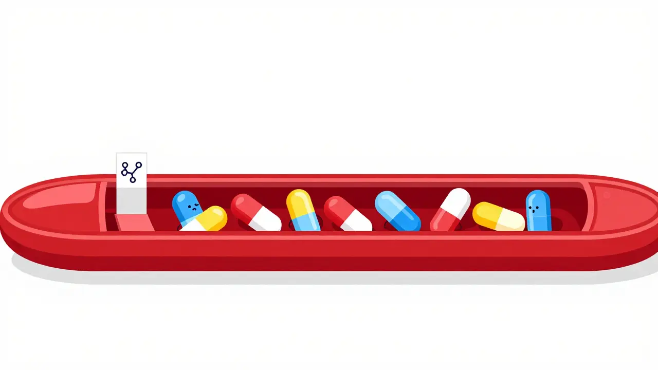 Minimalist depiction of medication molecules forming a traffic jam in a blood vessel.