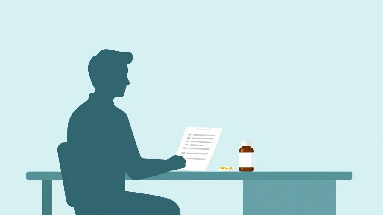 Patient showing a list of herbal supplements to a doctor in a minimalist office.