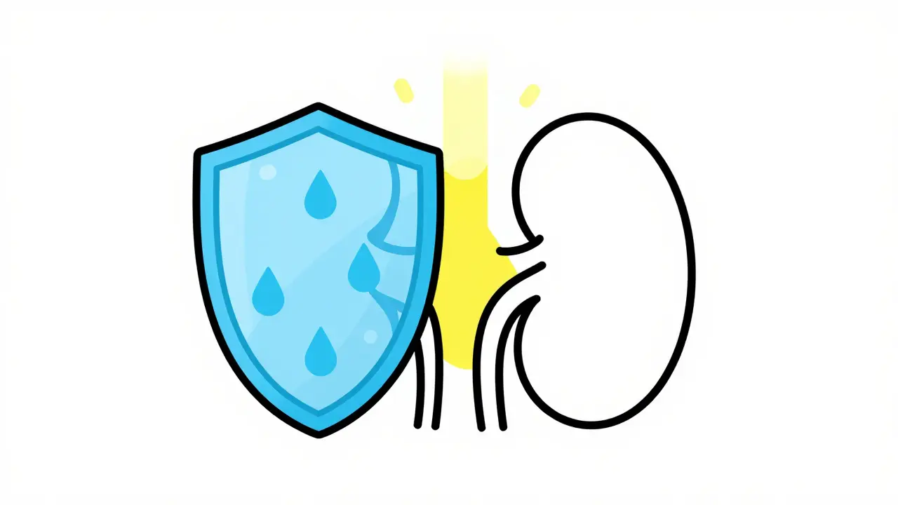 Stylized kidneys protected by a water shield from contrast dye.