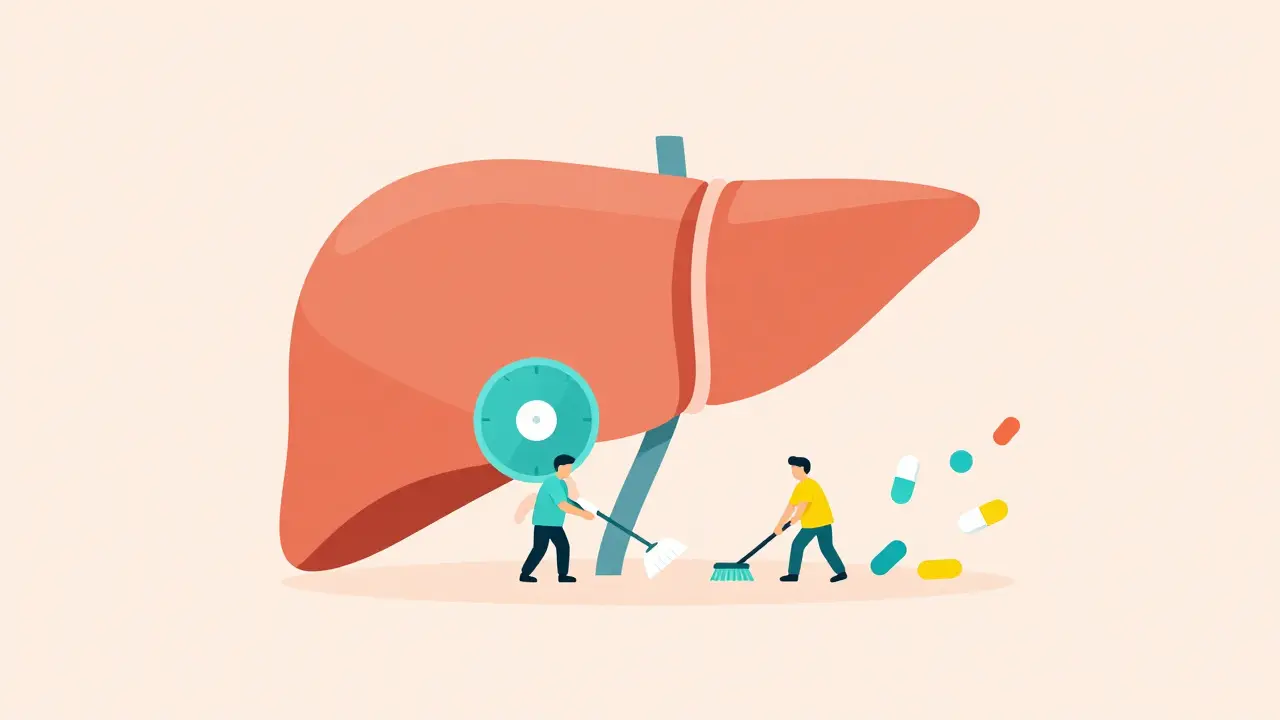 Stylized liver with small characters rapidly clearing away medicine icons.